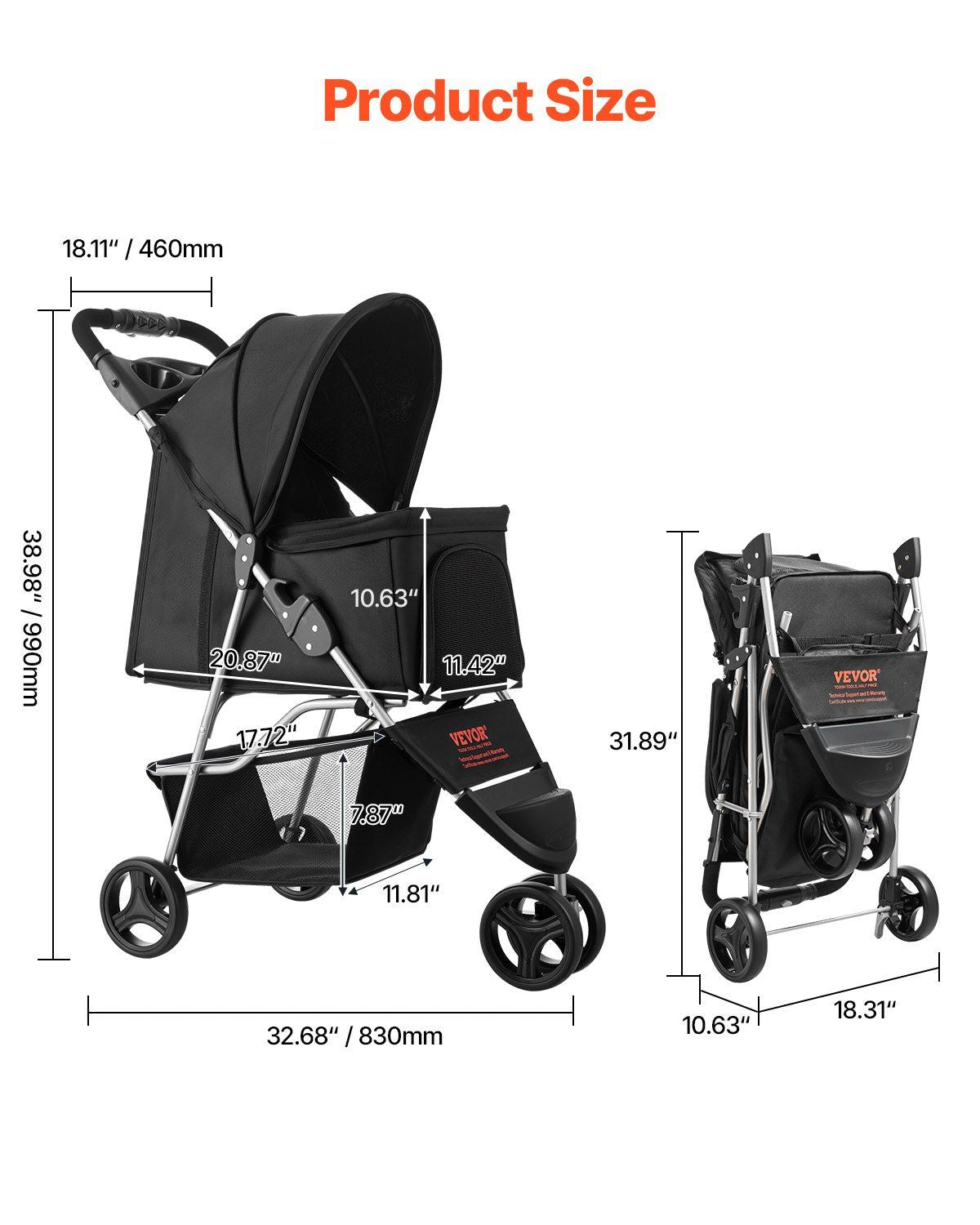 Foldable 3 Wheel Dog Stroller with Brake up to 35lbs