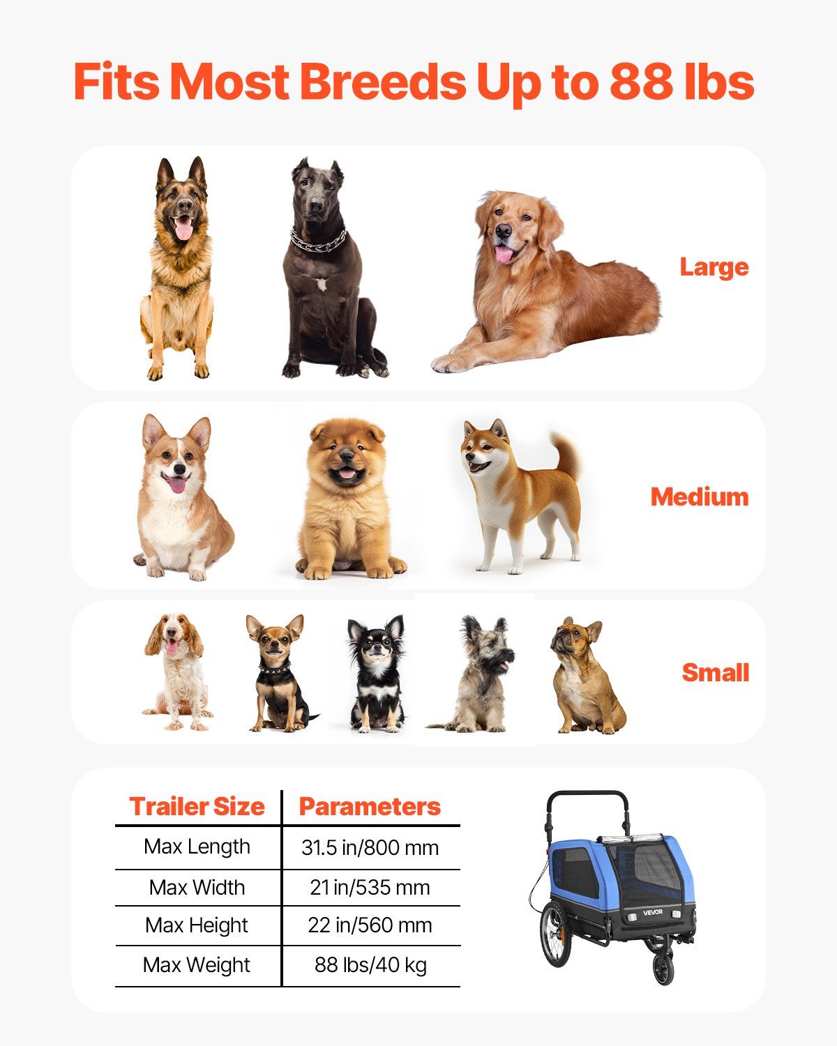 VEVOR 2-in-1 Dog Bike Trailer & Pet Stroller (up to 88 lbs)