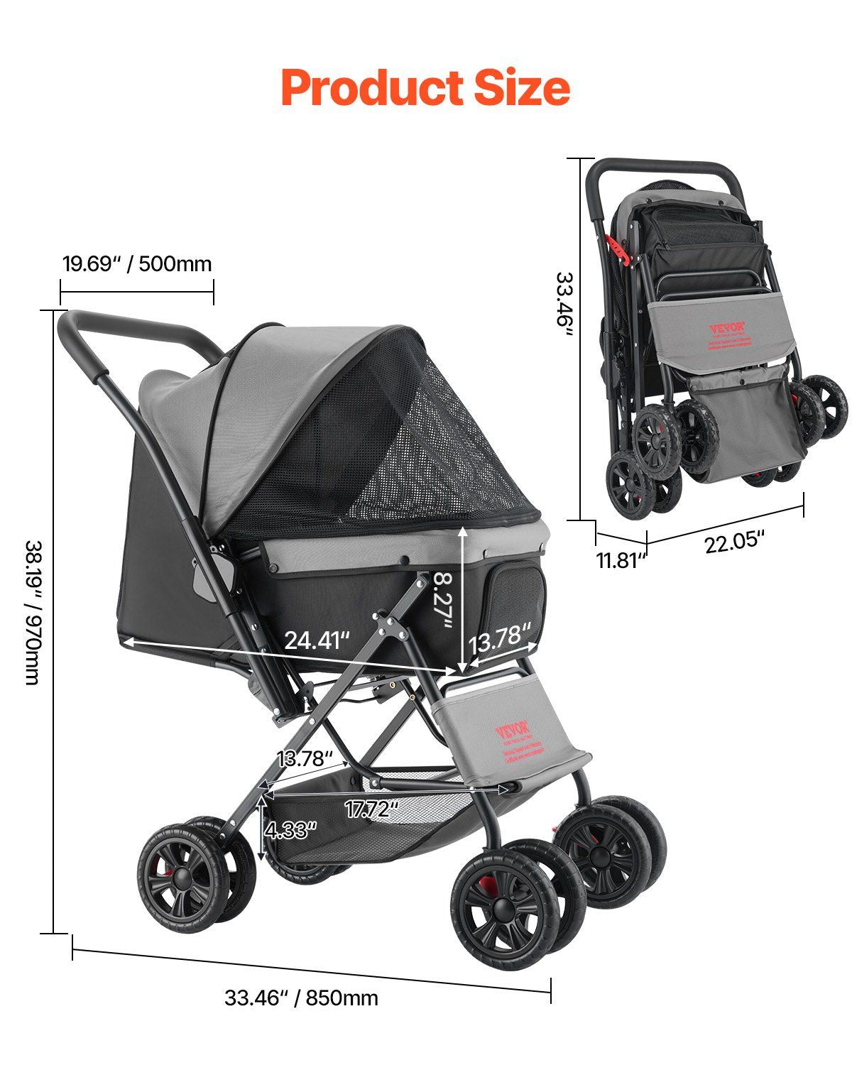 Foldable 4 Wheels Travel Dog Stroller up to 44lbs