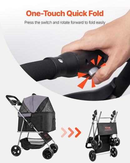Foldable 4-Wheel Pet Stroller with Detachable Carrier for Small to Medium Pets