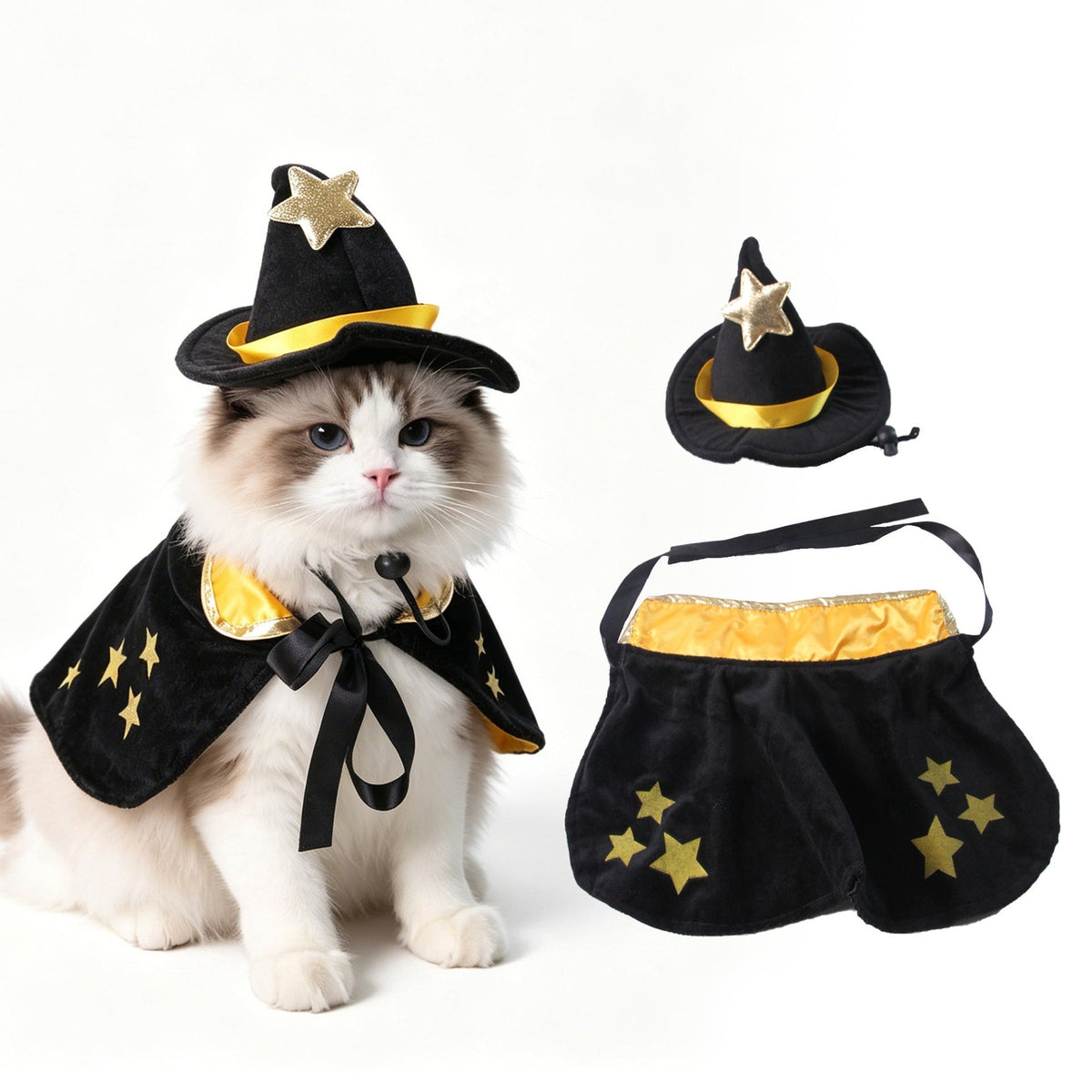 Cat wearing a star-decorated cape and pointed hat with a five-pointed star