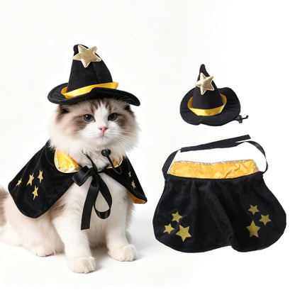 Cat wearing a star-decorated cape and pointed hat with a five-pointed star