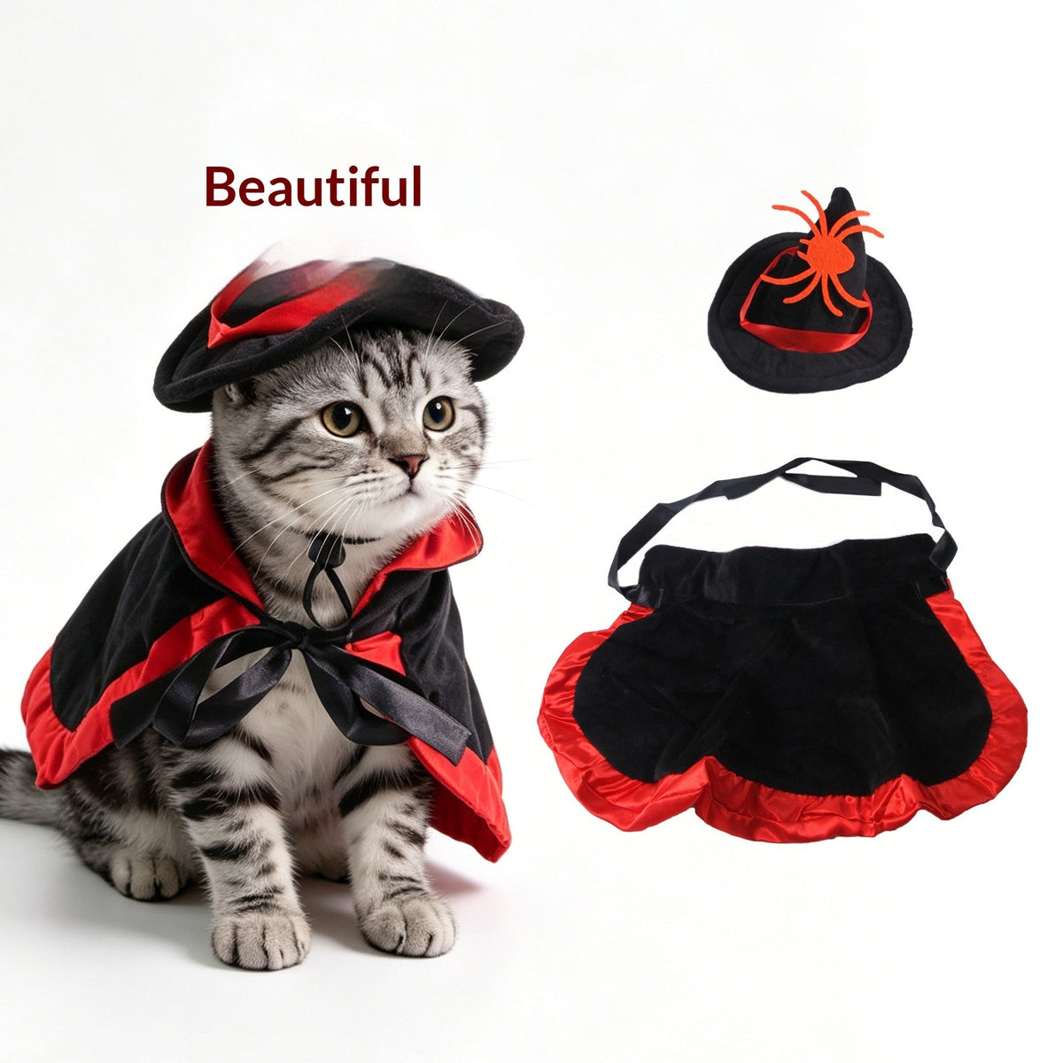 Cat wearing a cape and pointed hat decorated with a spider