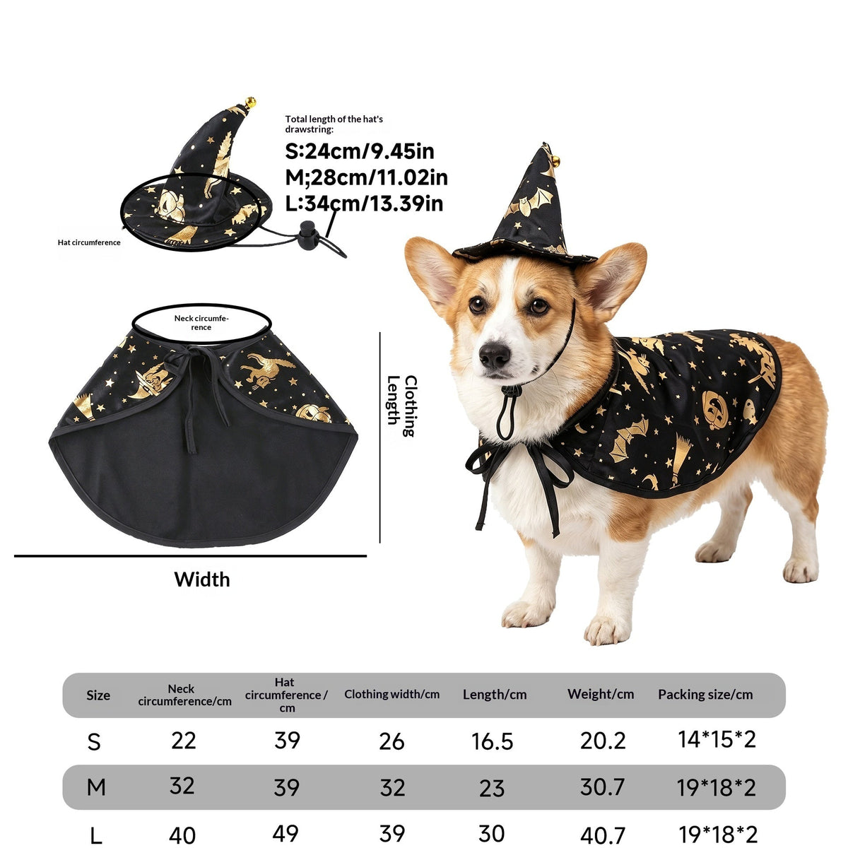 Dog wearing a patterned cape and matching pointed hat beside an S–L size chart
