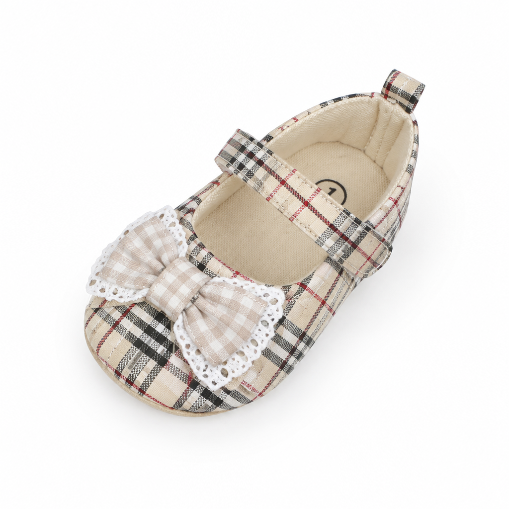 Beige tan plaid Mary Jane baby shoe with bow