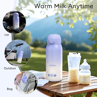Momfann portable bottle warmer and bottles on an outdoor table, with car, outdoor, and bag use insets.