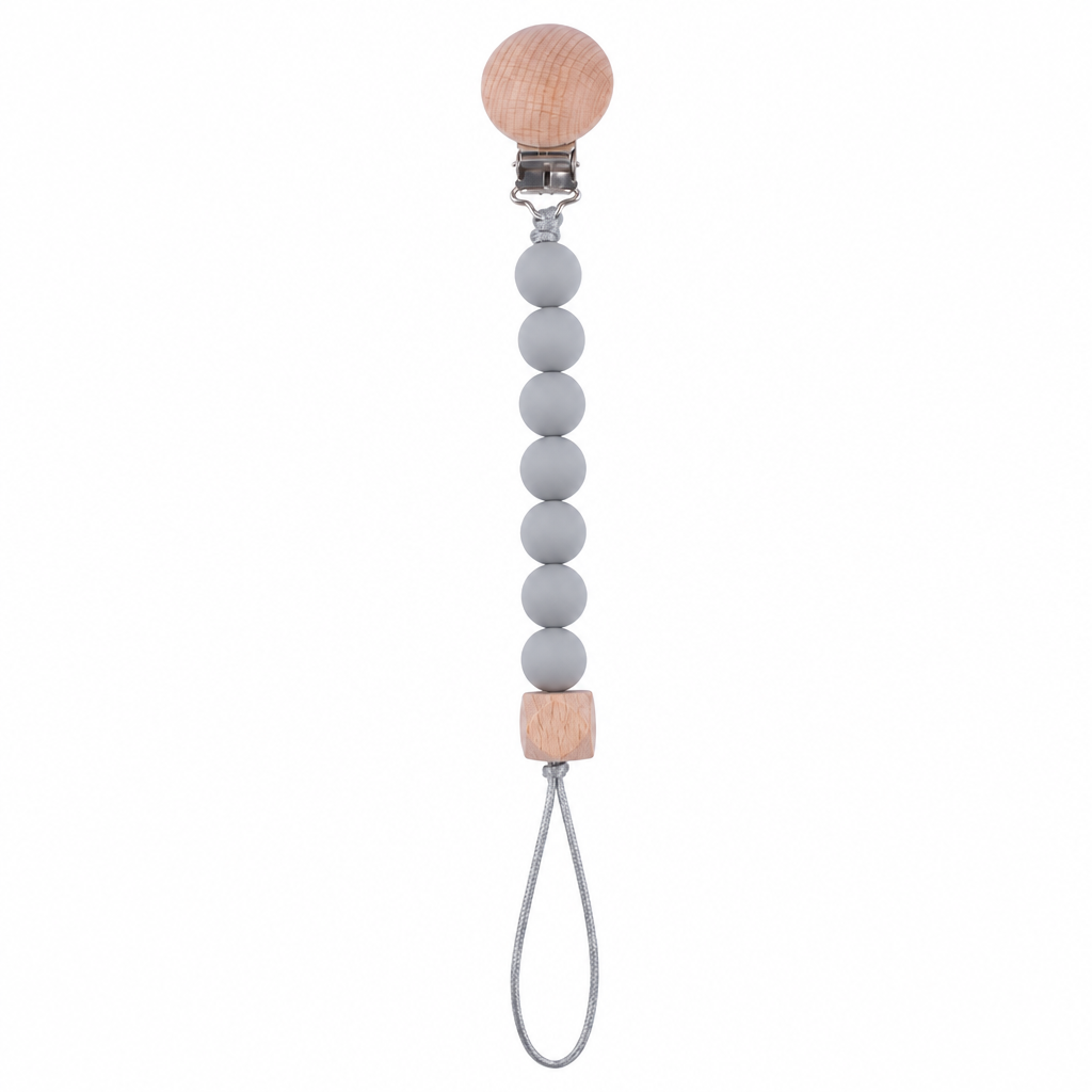 Light gray silicone pacifier clip chain with wood clip and cube accents