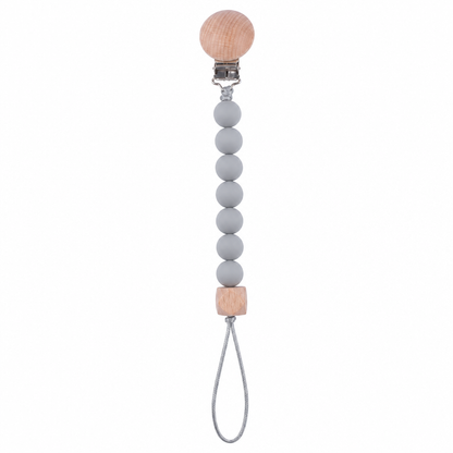 Light gray silicone pacifier clip chain with wood clip and cube accents