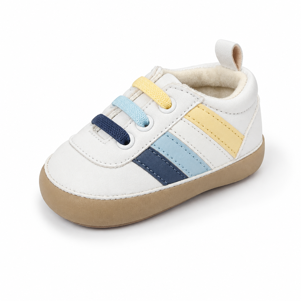 White PU baby boy shoe with darker tan sole, navy/pastel light blue/white/pastel yellow stripe panel and matching laces