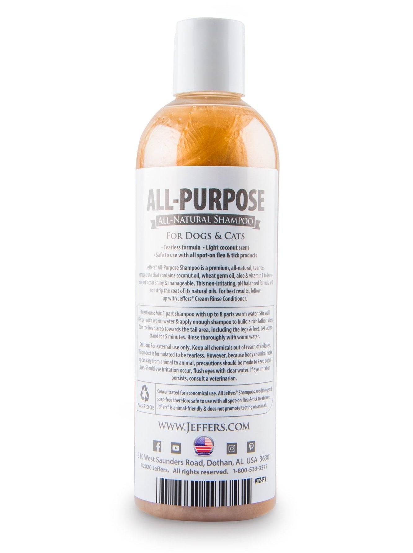 Jeffers Tearless All-Purpose All-Natural Coconut Oil Shampoo for Cats & Dogs