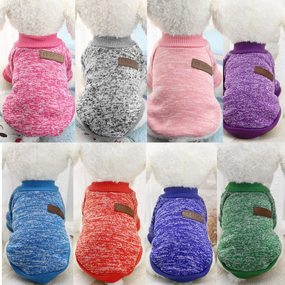 Pet pullover sweaters in eight colors with ribbed trim and decorative back patches