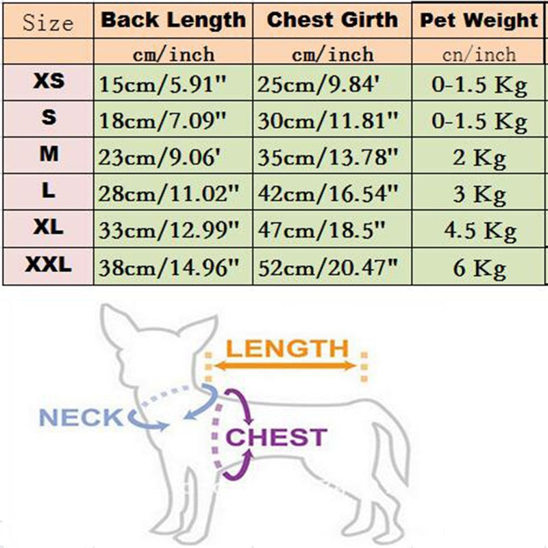Pet sweater size chart for XS–2XL showing back length and chest girth, with a measuring diagram