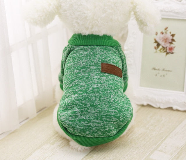 Green marled pullover pet sweater with ribbed trim and a decorative back patch on a white plush dog