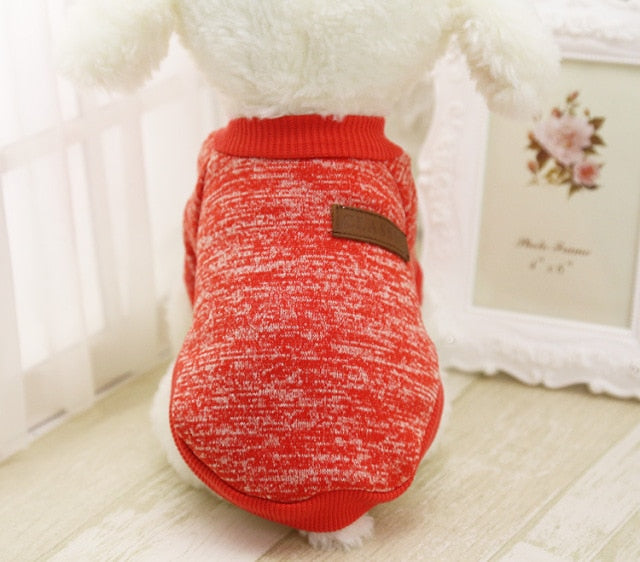 Red marled pullover pet sweater with ribbed trim and a decorative back patch on a white plush dog