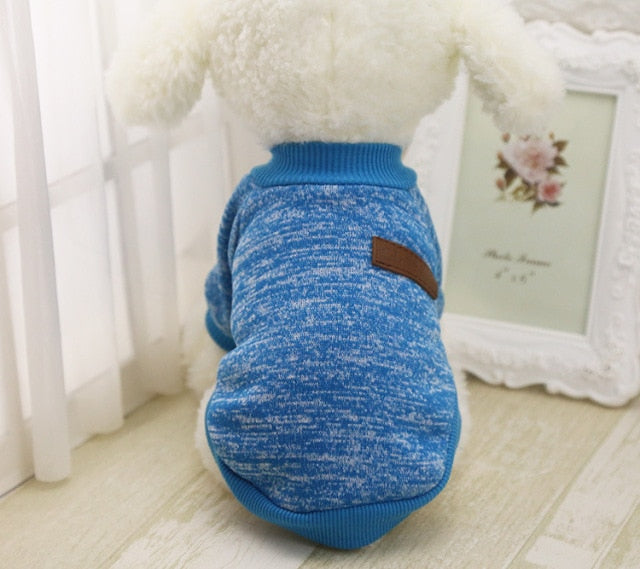 Blue marled pullover pet sweater with ribbed trim and a decorative back patch on a white plush dog