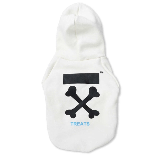 Back of white dog hoodie with black crossed bone graphics and TREATS lettering