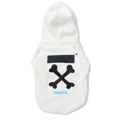 Back of white dog hoodie with black crossed bone graphics and TREATS lettering