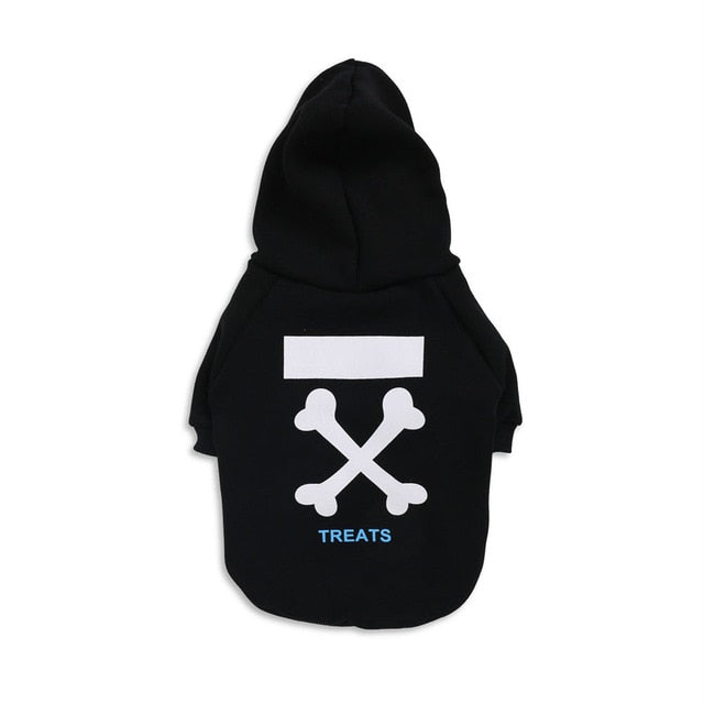Back of black dog hoodie with white crossed bone graphics and TREATS lettering