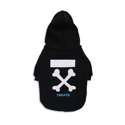 Back of black dog hoodie with white crossed bone graphics and TREATS lettering