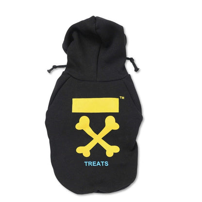 Back of black dog hoodie with yellow crossed bone graphics and TREATS lettering
