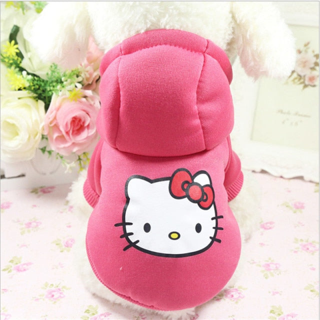 Pink Kitty dog hoodie with white cat face and bow print