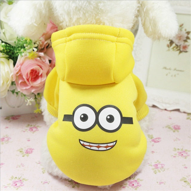 Yellow Minion dog hoodie with smiling face and glasses print