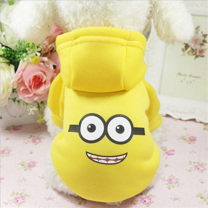 Yellow Minion dog hoodie with smiling face and glasses print