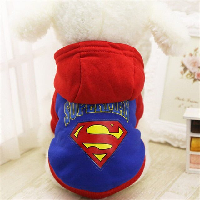 Blue Superman dog hoodie with red hood and sleeves