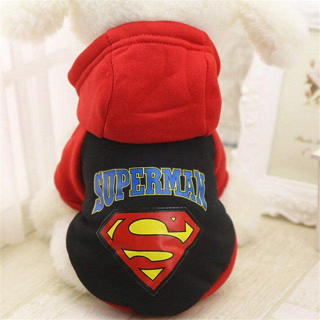 Black Superman dog hoodie with red hood and sleeves