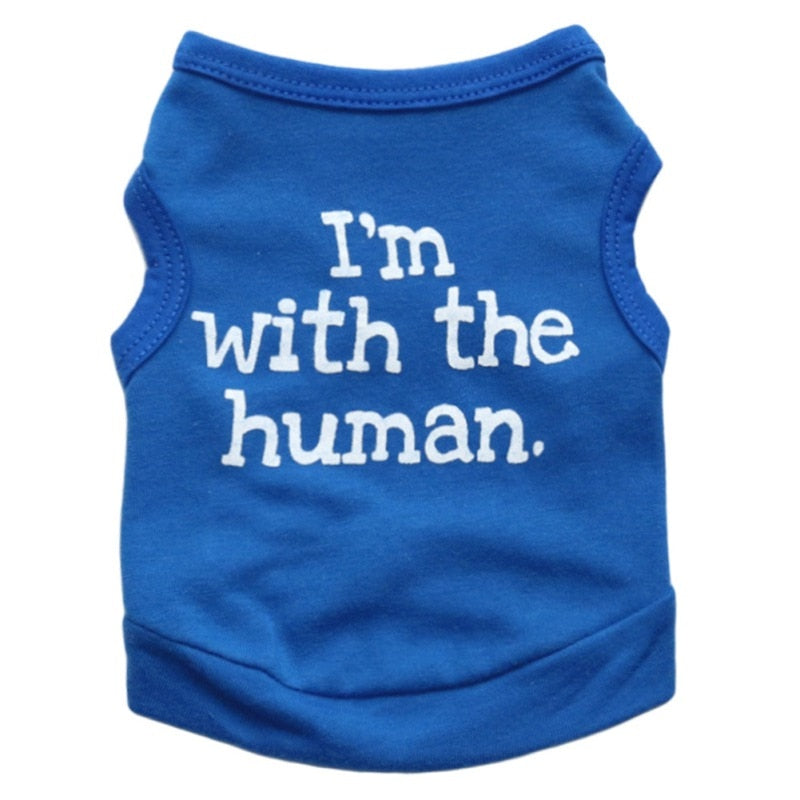 Blue sleeveless pet shirt with white Im with the human lettering