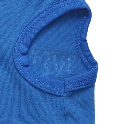 Closeup of a blue pet shirt armhole and stitched edging