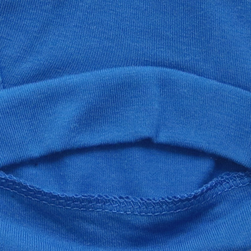 Closeup of blue pet shirt fabric hem and stitching
