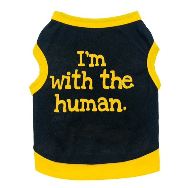 Black sleeveless pet shirt with yellow trim and Im with the human lettering