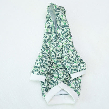Money print dog hoodie laid flat with the hood upright and white sleeve and hem trim