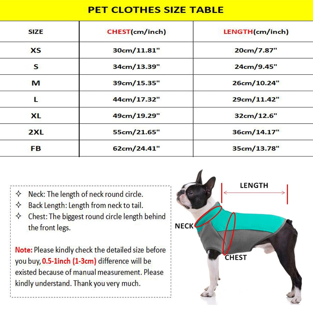 Money print dog hoodie size chart showing chest and back measurements for XS through 2XL and FB