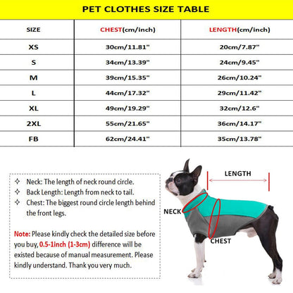 Money print dog hoodie size chart showing chest and back measurements for XS through 2XL and FB