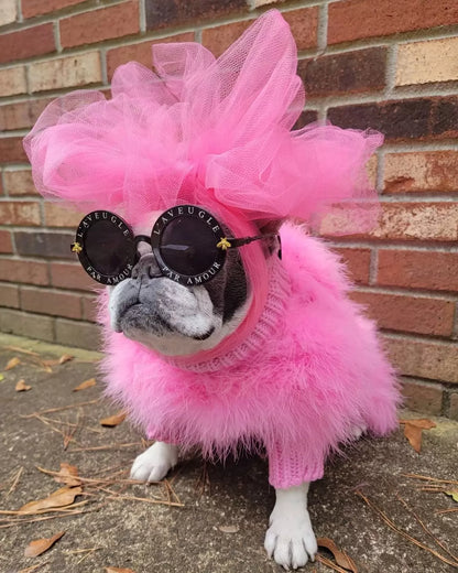 Dog wearing a pink fluffy sweater, round sunglasses and a large pink mesh headpiece beside a brick wall