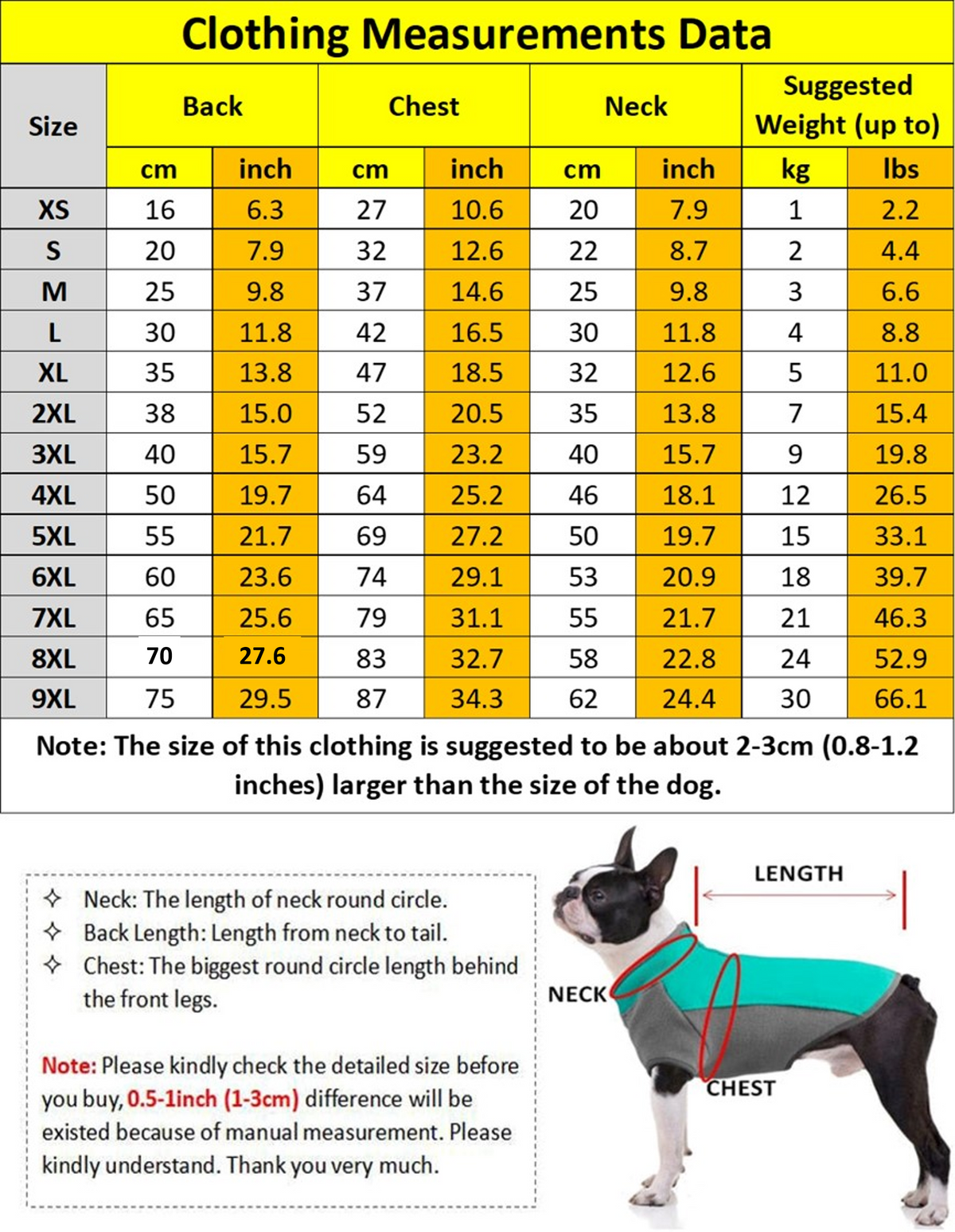 Adidog dog hoodie size chart showing chest neck and back measurements and suggested weights for XS through 9XL