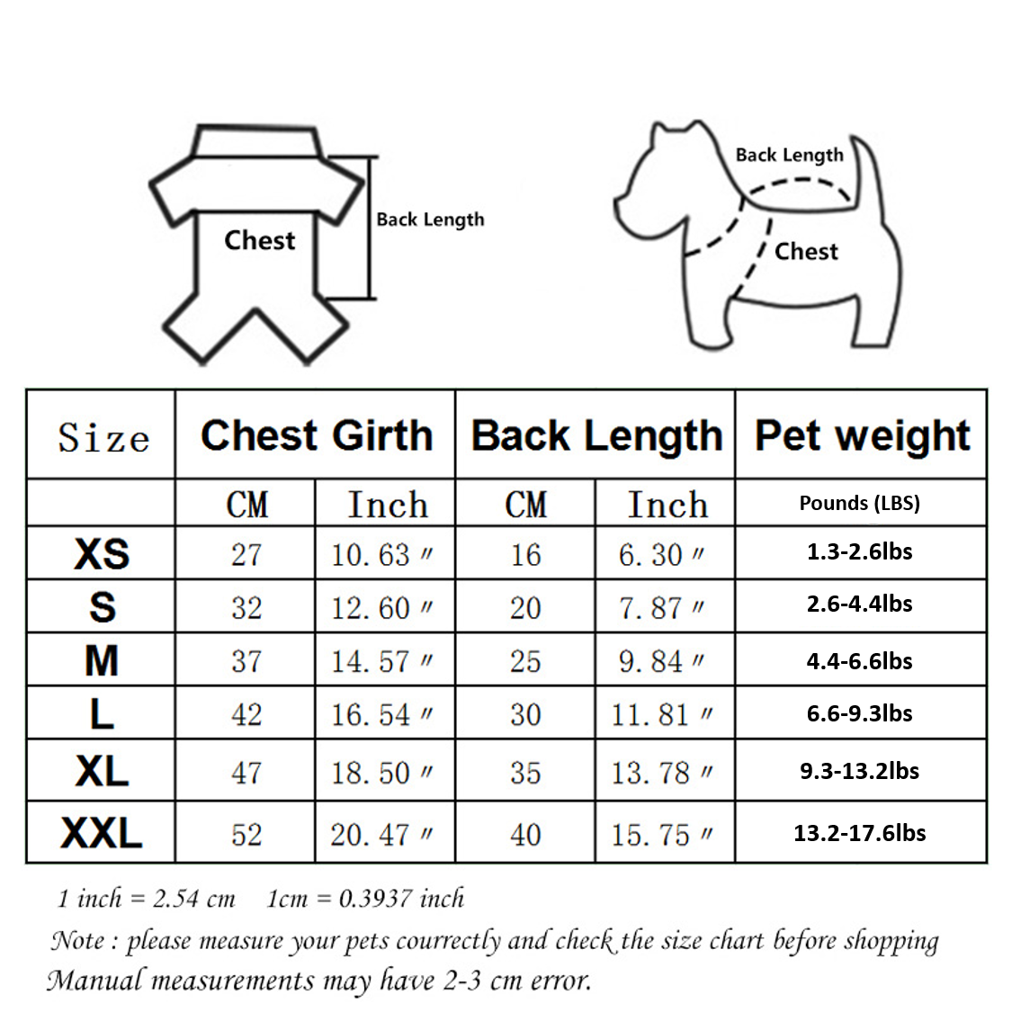 Supplier dog hoodie size chart showing chest girth, back length and suggested pet weight for XS–XXL