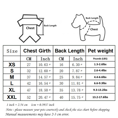 Supplier dog hoodie size chart showing chest girth, back length and suggested pet weight for XS–XXL
